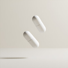 Minimalist Pills in Air, "Minimalist White Pills Floating in Air", "Clean Floating Pills in White Background", "Two Capsules in Mid-Air", "Simple White Capsules Suspended", "White Capsules in Clean De