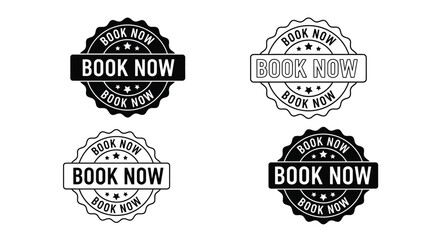 Four monochrome vector illustrations of circular book now badges and labels