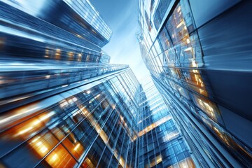 Fototapeta premium Modern glass skyscrapers reflect warm light against a blue sky.