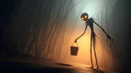 Eerie Digital Rendering Pumpkin Head Creature in Spooky Halloween Forest