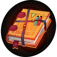 Fantasy Open Spell Book with Glowing Pages and Attached Magical Artifacts Against Dark Background