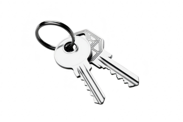 Two silver keys on a keyring isolated on transparent background