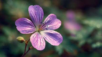 Fototapeta premium Delicate purple wildflower displays fine veins and small droplets in soft natural light