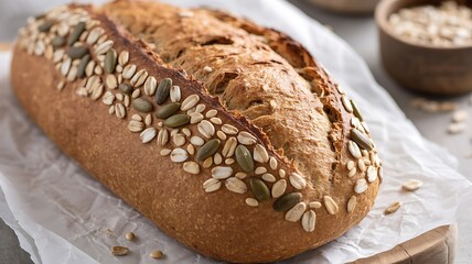 Deliciously rustic whole grain loaf of bread generously topped with oats and seeds for a healthy breakfast