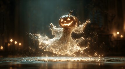 Ethereal Glowing Pumpkin Ghost Figure Floating Mystically for Halloween