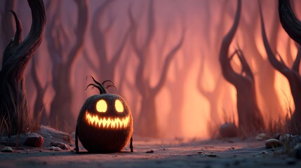 Spooky Cartoonish Jack O Lantern in Eerie Forest Landscape Composition