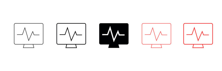 Vector art of group of five monitor screen icons displaying a waveform or heartbeat line, in outline, black, and red styles, indicating data or health monitoring