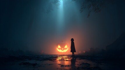 Atmospheric Halloween Scene of a Child and Glowing Pumpkin in Fog