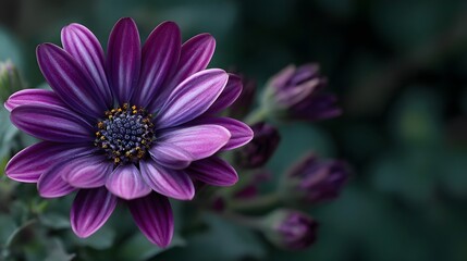 Obraz premium Vibrant purple composite flower displays detailed central disc and surrounding unopened buds