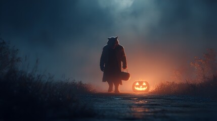Atmospheric Halloween Scene with Werewolf Silhouette and Glowing JackOLantern