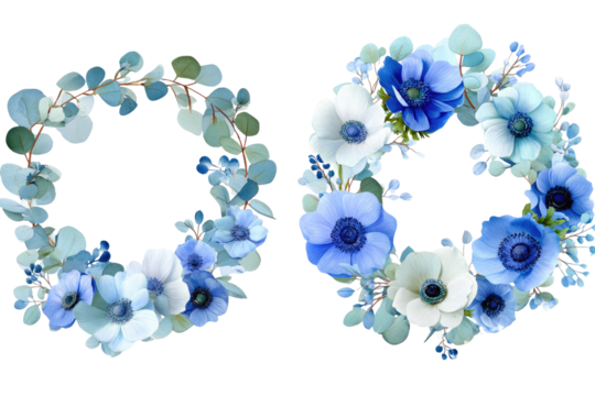 Two floral wreaths, light blue and white anemones, eucalyptus leaves