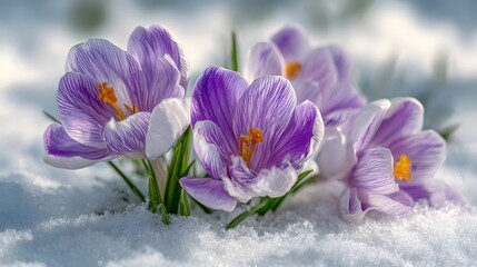 Vibrant purple flowers bloom through crisp white snow in a close up nature shot