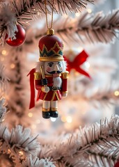 Festive nutcracker ornament hanging on a snowy christmas tree with sparkling lights nutcrackers holiday  decoration christmas toy festive merry celebration