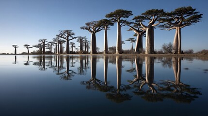 Obraz premium Avenue of the Trees: Serene Landscape Featuring Unique Trees Reflected in Calm Waters under a Clear Blue Sky