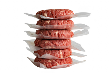 Stack of raw beef burger patties isolated on transparent background