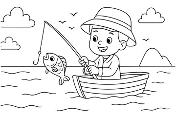 Boy Fishing From Boat Catching Fish on Rod with Hook in Water with Clouds and Birds