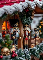 Strasbourg france - december 2021 - nutcracker decoration on a christmas chalet in strasbourg market alsace nutcrackers holiday  decoration christmas toy festive merry celebration