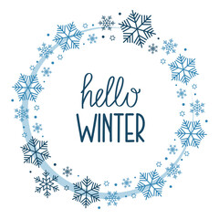 Hello Winter inscription. Round pattern of blue snowflakes. Design for card, decoration, sale, invitation, congratulation.