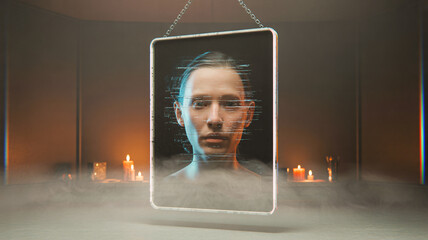 Haunted mirror reflecting glitching face, neon edges, dark minimalist composition
