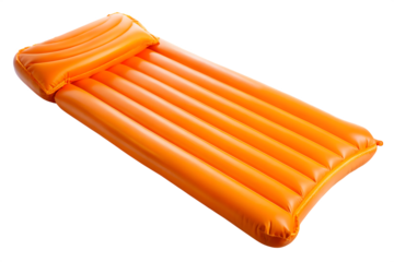 Bright orange inflatable pool float mattress with horizontal ribs isolated on white background .PNG. AI Generated