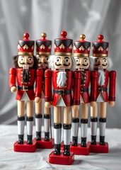 Wooden christmas nutcrackers wearing red uniforms white pants black boots standing together against transparent backdrop nutcrackers holiday  decoration christmas toy festive merry celebration