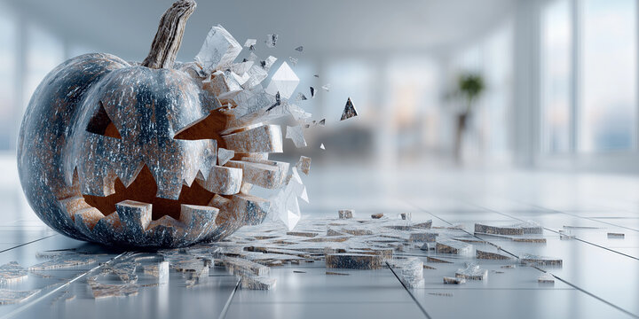 Carved pumpkin with spooky face appears to be shattering into pieces in modern, bright interior space, creating dynamic and surreal effect