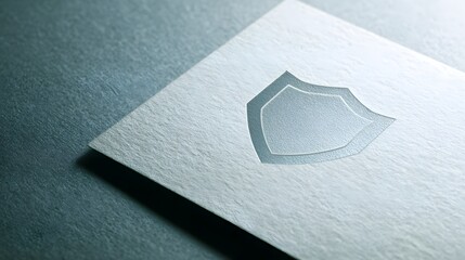 Embossed metallic shield emblem appears prominently on a textured white card  against a dark background.