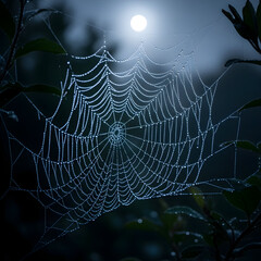 Spiderweb Covered in Dew Drops at Night with Moon