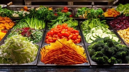 Fresh Salad Bar Display with Colorful Vegetables and Greens.