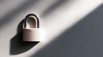 Metallic padlock rests against a textured surface illuminated by strong diagonal light and shadow.