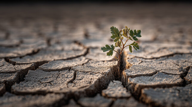 A single resilient seedling sprouting from cracked dry earth, representing personal growth and transformative change amidst challenges