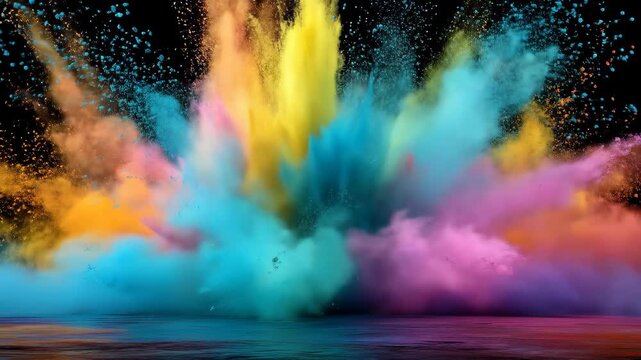 Vibrant powder explodes upward over a reflective surface, creating cyan, pink, orange bright plumes