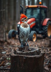 Spotted nutcracker perched on tree stump in deforested area with tractor in background nutcrackers holiday  decoration christmas toy festive merry celebration