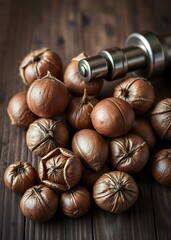Whole raw hazelnuts with a nutcracker on a wooden background nutcrackers holiday  decoration christmas toy festive merry celebration