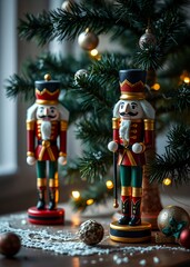 Nutcracker figurine standing guard beside a tree nutcrackers holiday  decoration christmas toy festive merry celebration