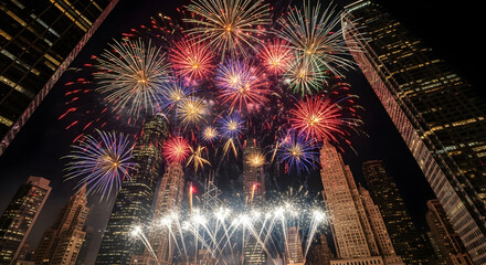 Watching Fireworks Display Above City Skyscrapers at Night