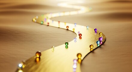 Abstract golden path with silhouettes of people moving forward towards light