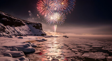 Watching Fireworks Over Snowy Coastline at Night