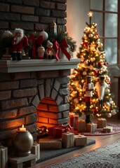 Image of chimney and decorated christmas tree with gift nutcrackers holiday  decoration christmas toy festive merry celebration