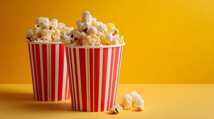 Two containers filled with freshly popped kernels sit against a vibrant yellow background
