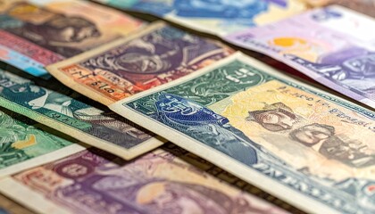 Colorful Assortment of Old Currency Banknotes Close Up Still Life with Intricate Details, Paper Texture, Varying Colors and Historical Designs