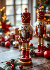 Two red and gold nutcrackers on wooden table with christmas decorations nutcrackers holiday  decoration christmas toy festive merry celebration