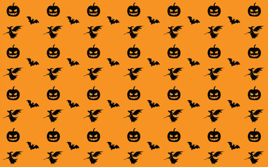 Halloween Simple Design With Witch Pumpkins And Bats Pattern Background