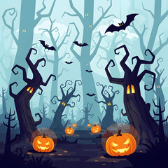 Halloween Night Scene with Pumpkins, Bats, and Spooky Trees