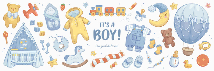 Hand drawn baby shower set. It's a boy. Vector illustration of cartoon toys and clothes for boy. Cute sketch elements for greeting card, poster, wallpaper decor and textile design