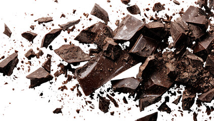 Broken dark chocolate pieces scattered