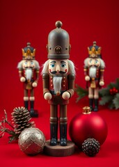 Wooden nutcracker on red background nutcrackers holiday  decoration christmas toy festive merry celebration