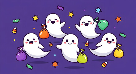 Ghosts Trick or Treating with Candy Bags Illustration