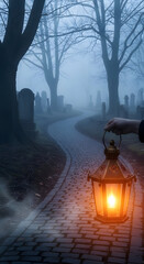 Walking Through Foggy Graveyard Holding a Glowing Lantern