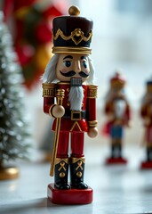 A festive miniature nutcracker figurine blurry background with space for text or product display nutcrackers holiday  decoration christmas toy festive merry celebration